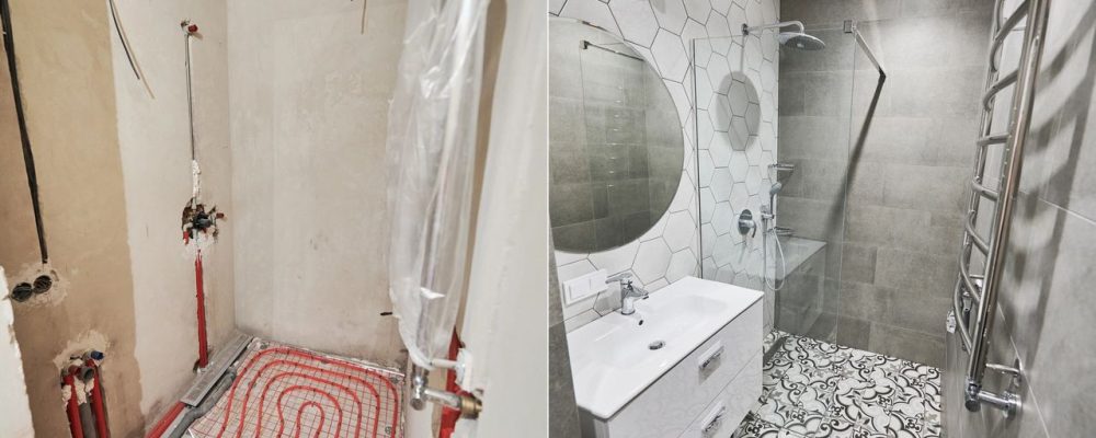 Photo collage of apartment bathroom before and after restoration. Comparison of old room with underfloor heating pipes and new renovated restroom with sink, shower, mirror and towel dryer. (Photo collage of apartment bathroom before and after restorat SSUCv3H4sIAAAAAAAACnRSy27DIBC8V+o/RJxjFRs/4h57i9R+QdXDGtYxCoYIcKoqyr8X/Gg5tDd2Znd2Z5fb48NuRzpwkpPn3S1GIZZKTc5b8NLoANP9ilvUAm2KXC2raQqgkN5YCSoFO/B80DBiAPWkVITvM0mcBz85dLH7CnHweAoaC/gjsYz4vsS7jZjJUBEoctQerTTWkX1CuqmL5Jt0HJUCjWZyZOOXlv/ovUxSCalP7ukVtBjBn