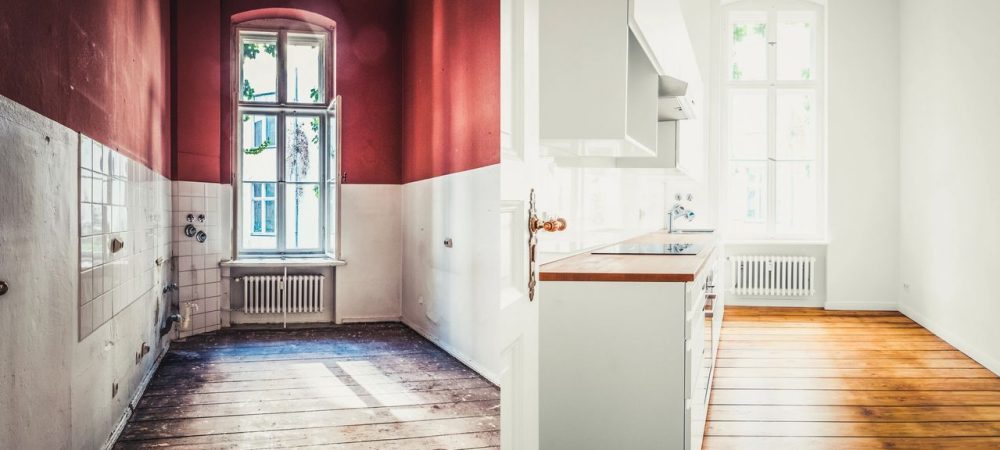 renovation concept -kitchen room before and after refurbishment or restoration